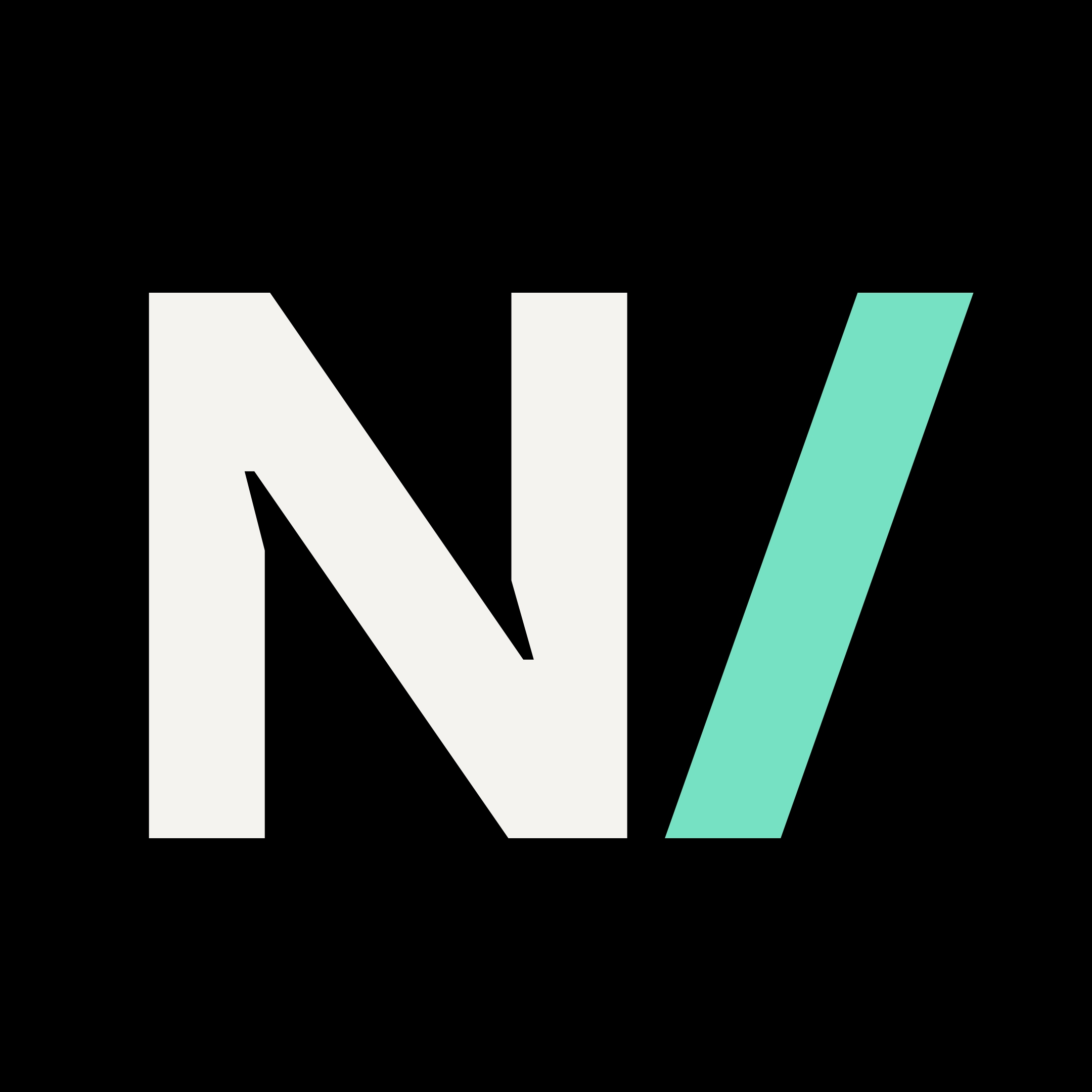 Naivs monogram med hvit N og mintgrønn skråstrek på svart bakgrunn